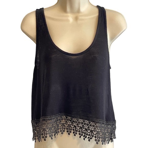 LA Hearts Black Tank Top‎ with Lace Fringe size Small Pre-owned - Picture 1 of 6